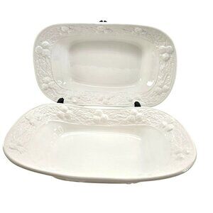 Oblong Serving Dish Set 14" White Embossed Fruit Ceramic Italy CWC jj3701